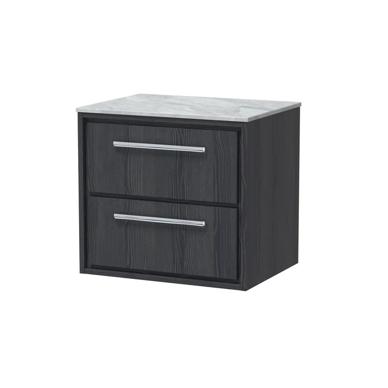 Lille 600mm Wall Hung 2 Drawer Vanity Unit & Grey Marble Worktop - Graphite Grey Woodgrain