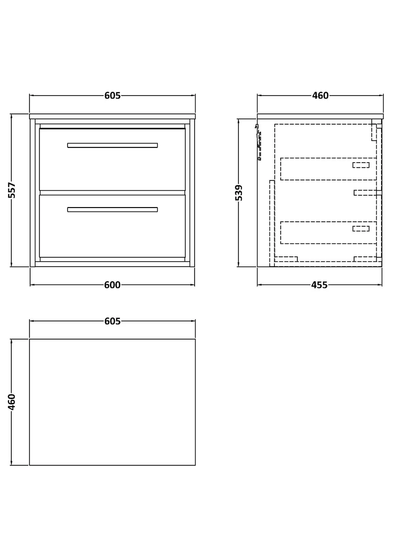 Lille 600mm Wall Hung 2 Drawer Vanity Unit & Worktop - Graphite Grey Woodgrain