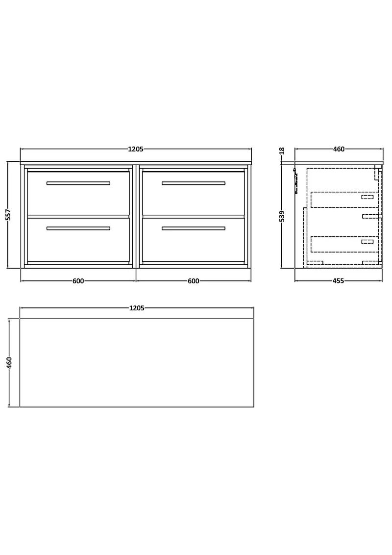 Lille 1200mm Wall Hung 4 Drawer Vanity Unit & Worktop - Graphite Grey Woodgrain