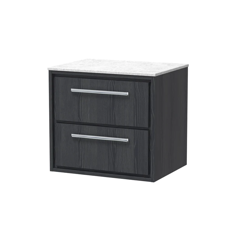 Lille 600mm Wall Hung 2 Drawer Vanity Unit & White Marble Worktop - Graphite Grey Woodgrain