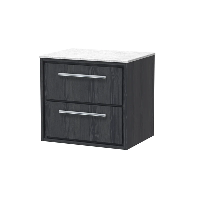 Lille 600mm Wall Hung 2 Drawer Vanity Unit & White Marble Worktop - Graphite Grey Woodgrain