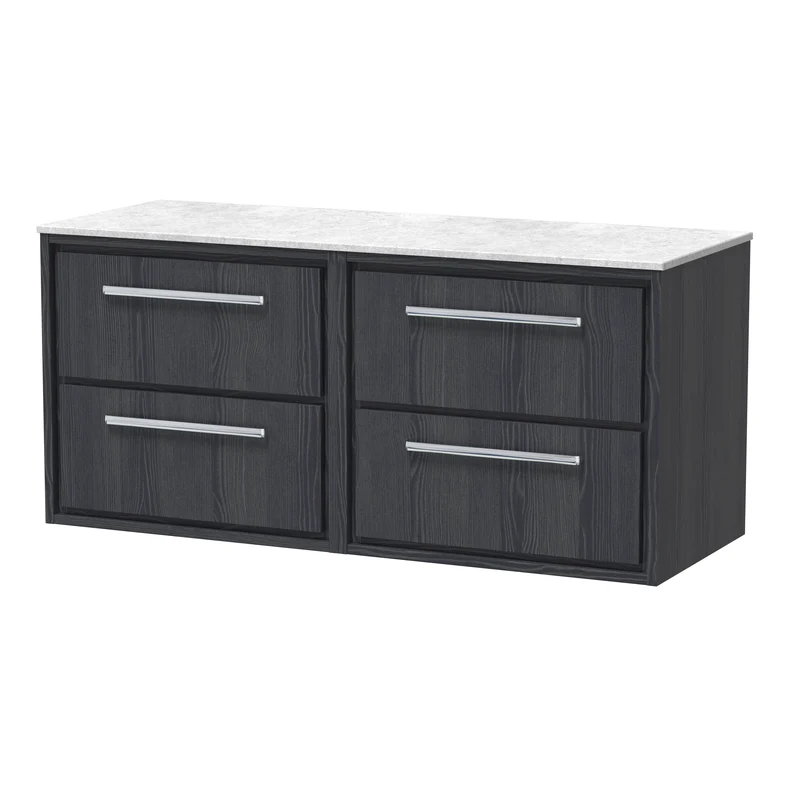 Lille 1200mm Wall Hung 4 Drawer Vanity Unit & White Marble Worktop - Graphite Grey Woodgrain