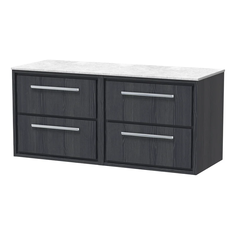 Lille 1200mm Wall Hung 4 Drawer Vanity Unit & White Marble Worktop - Graphite Grey Woodgrain
