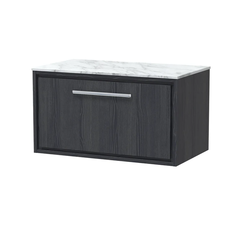 Lille 800mm Wall Hung 1 Drawer Vanity Unit & Carrera Marble Worktop - Graphite Grey Woodgrain