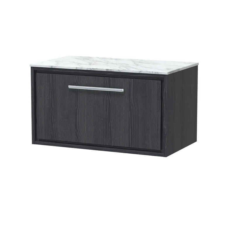 Lille 800mm Wall Hung 1 Drawer Vanity Unit & Carrera Marble Worktop - Graphite Grey Woodgrain