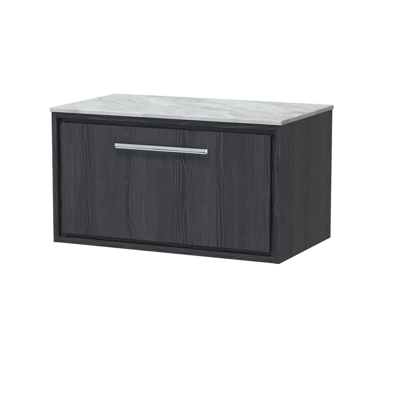 Lille 800mm Wall Hung 1 Drawer Vanity Unit & Grey Marble Worktop - Graphite Grey Woodgrain
