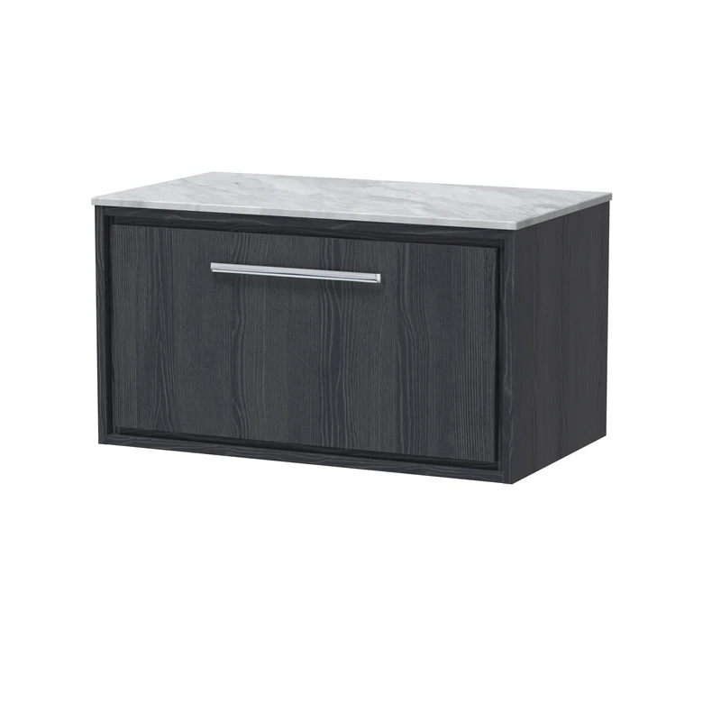 Lille 800mm Wall Hung 1 Drawer Vanity Unit & Grey Marble Worktop - Graphite Grey Woodgrain