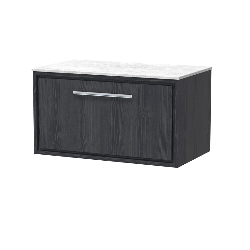 Lille 800mm Wall Hung 1 Drawer Vanity Unit & White Marble Worktop - Graphite Grey Woodgrain