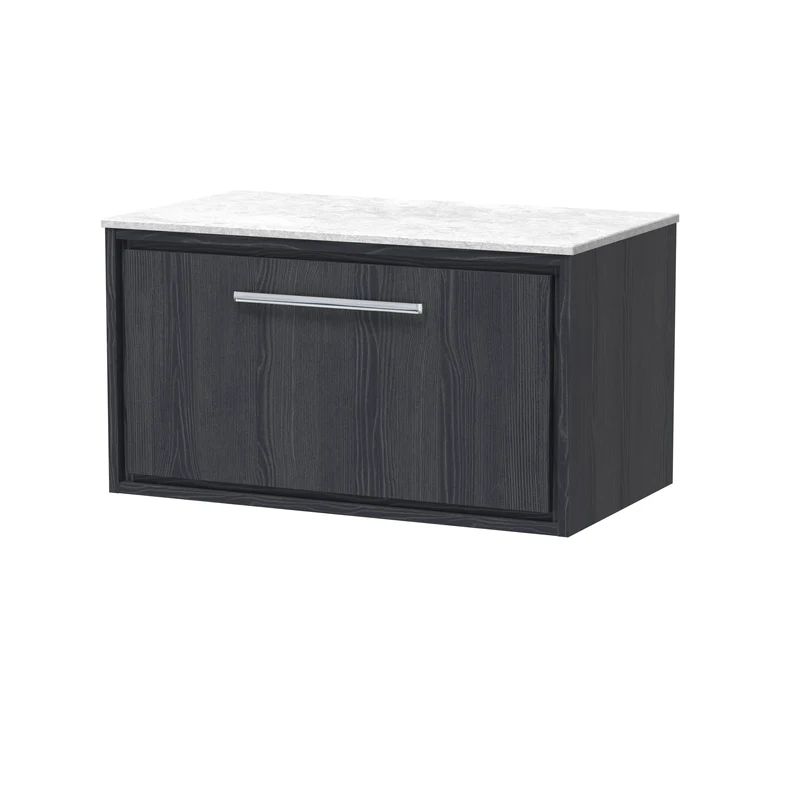 Lille 800mm Wall Hung 1 Drawer Vanity Unit & White Marble Worktop - Graphite Grey Woodgrain