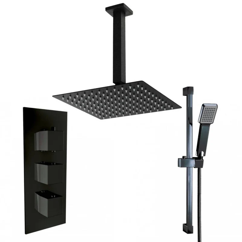 Black Triple Thermostatic Concealed Mixer Shower Kit with Ceiling Mounted 300mm Shower Head & Slide Rail Kit
