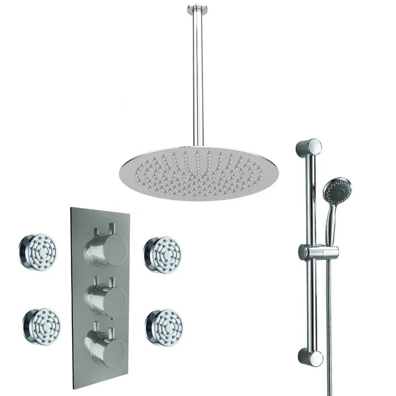 Round Triple Thermostatic Concealed Mixer Shower Kit with Ceiling Mounted 300mm Shower Head, Slide Rail Kit & Body Jets