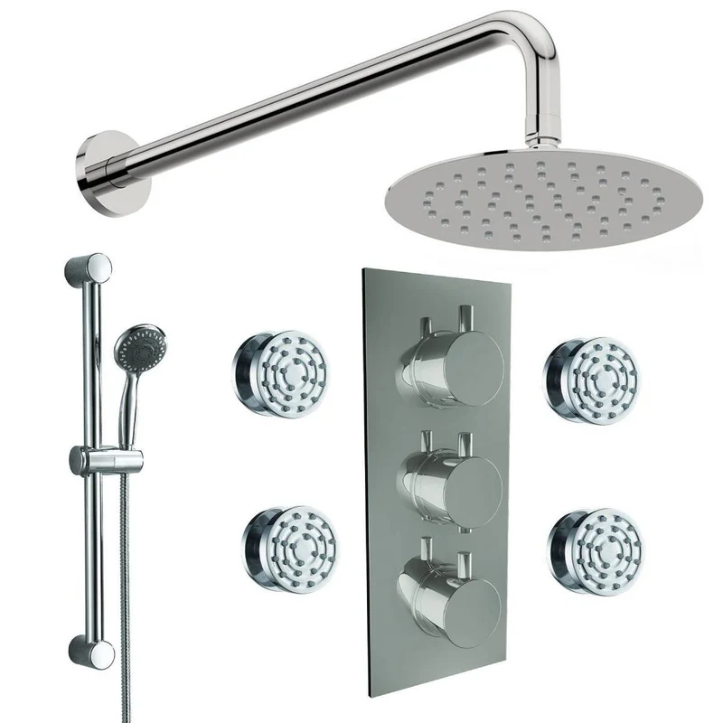 Round Triple Thermostatic Concealed Mixer Shower Kit with Wall Mounted 300mm Shower Head, Slide Rail Kit & Body Jets