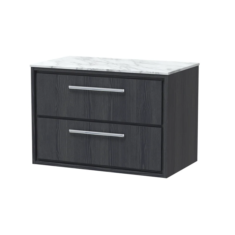 Lille 800mm Wall Hung 2 Drawer Vanity Unit & Carrera Marble Worktop - Graphite Grey Woodgrain