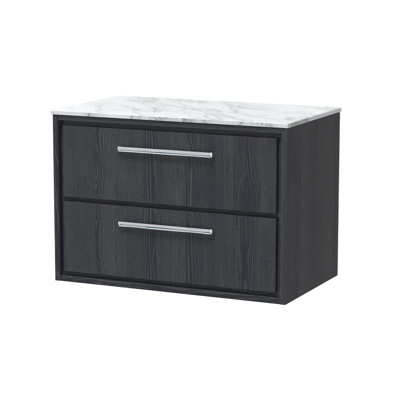 Lille 800mm Wall Hung 2 Drawer Vanity Unit & Carrera Marble Worktop - Graphite Grey Woodgrain