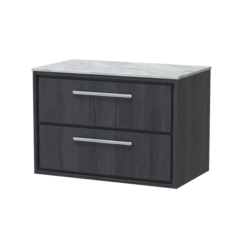 Lille 800mm Wall Hung 2 Drawer Vanity Unit & Grey Marble Worktop - Graphite Grey Woodgrain