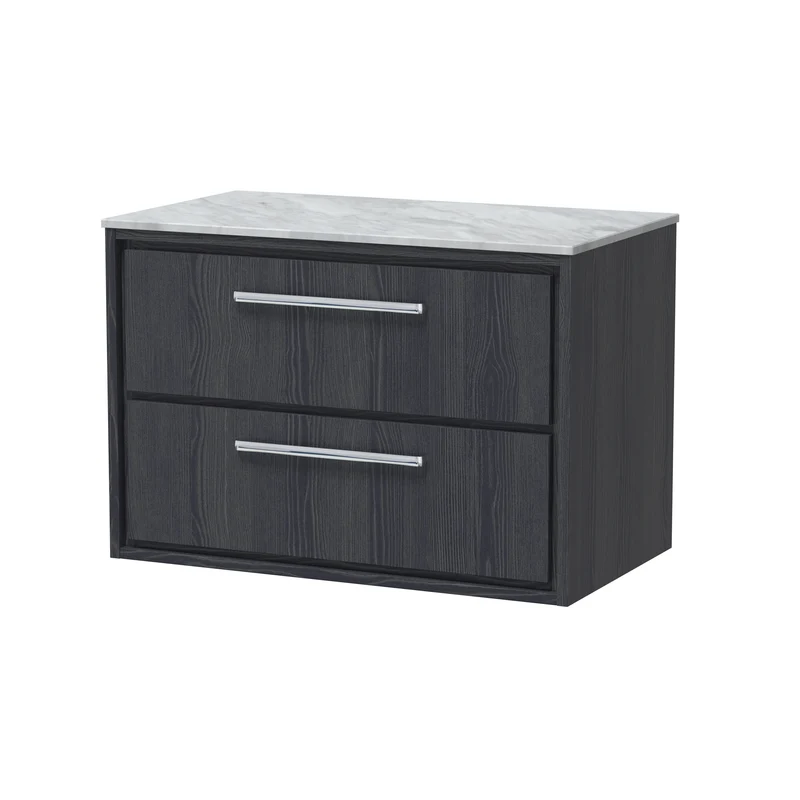 Lille 800mm Wall Hung 2 Drawer Vanity Unit & Grey Marble Worktop - Graphite Grey Woodgrain
