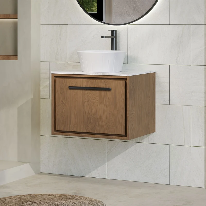 Lille 600mm Wall Hung 1 Drawer Vanity Unit & Carrera Marble Worktop - Antique Oak Woodgrain