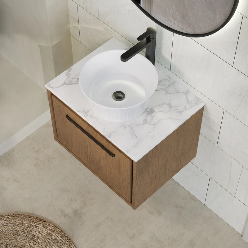 Lille 600mm Wall Hung 1 Drawer Vanity Unit & Carrera Marble Worktop - Antique Oak Woodgrain
