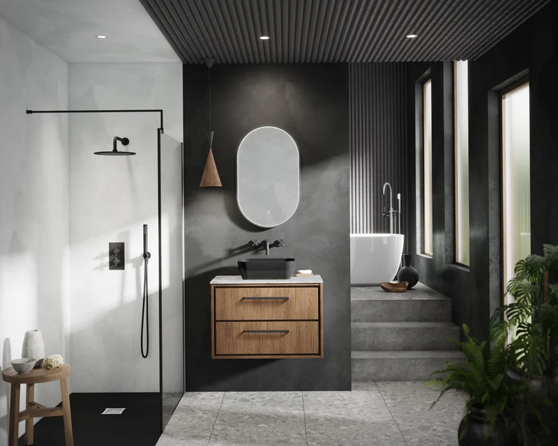 Lille 800mm Wall Hung 2 Drawer Vanity Unit & White Marble Worktop - Graphite Grey Woodgrain