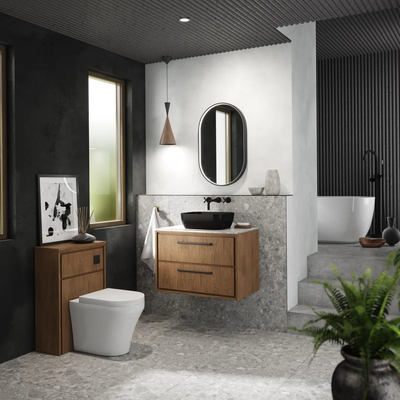 Lille 800mm Wall Hung 2 Drawer Vanity Unit & White Marble Worktop - Graphite Grey Woodgrain