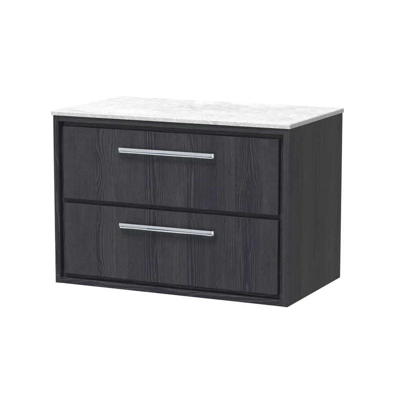 Lille 800mm Wall Hung 2 Drawer Vanity Unit & White Marble Worktop - Graphite Grey Woodgrain