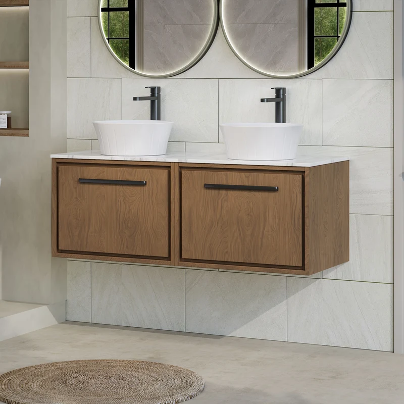 Lille 1200mm Wall Hung 2 Drawer Vanity Unit & Carrera Marble Worktop - Antique Oak Woodgrain