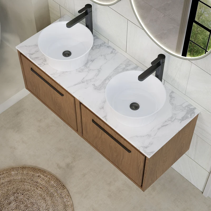 Lille 1200mm Wall Hung 2 Drawer Vanity Unit & Carrera Marble Worktop - Antique Oak Woodgrain