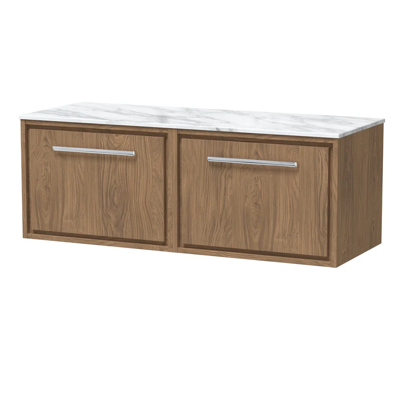 Lille 1200mm Wall Hung 2 Drawer Vanity Unit & Carrera Marble Worktop - Antique Oak Woodgrain