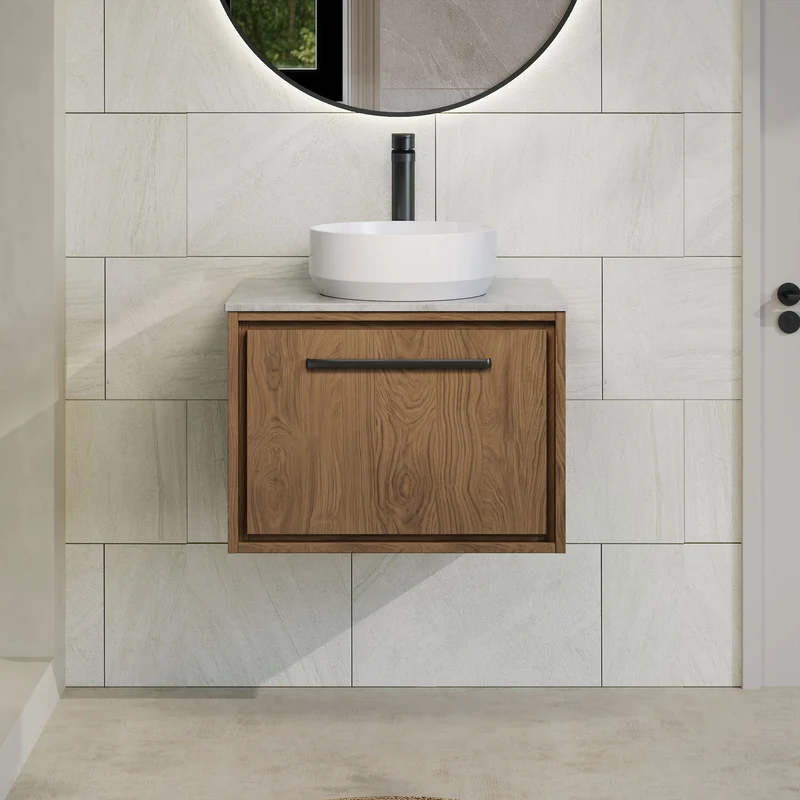 Lille 600mm Wall Hung 1 Drawer Vanity Unit & Grey Marble Worktop - Antique Oak Woodgrain