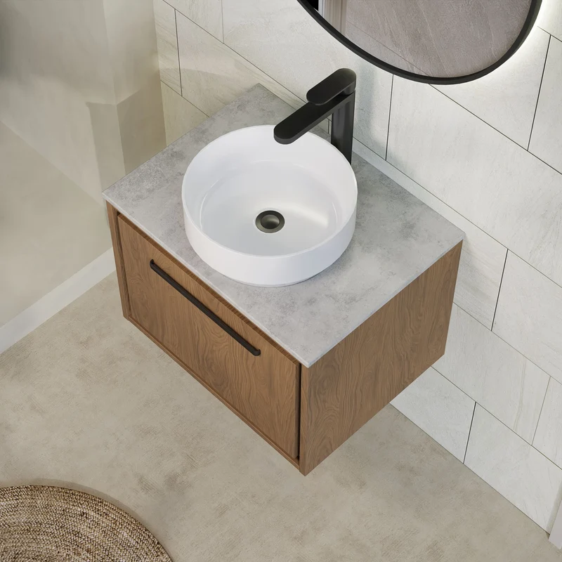 Lille 600mm Wall Hung 1 Drawer Vanity Unit & Grey Marble Worktop - Antique Oak Woodgrain