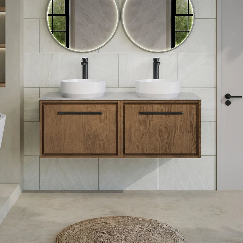 Lille 1200mm Wall Hung 2 Drawer Vanity Unit & Grey Marble Worktop - Antique Oak Woodgrain