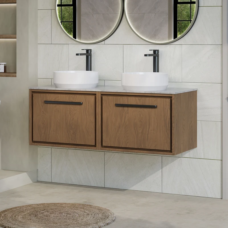 Lille 1200mm Wall Hung 2 Drawer Vanity Unit & Grey Marble Worktop - Antique Oak Woodgrain
