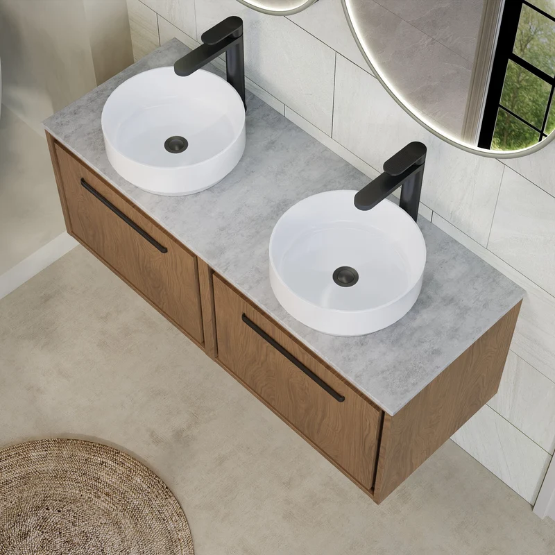 Lille 1200mm Wall Hung 2 Drawer Vanity Unit & Grey Marble Worktop - Antique Oak Woodgrain