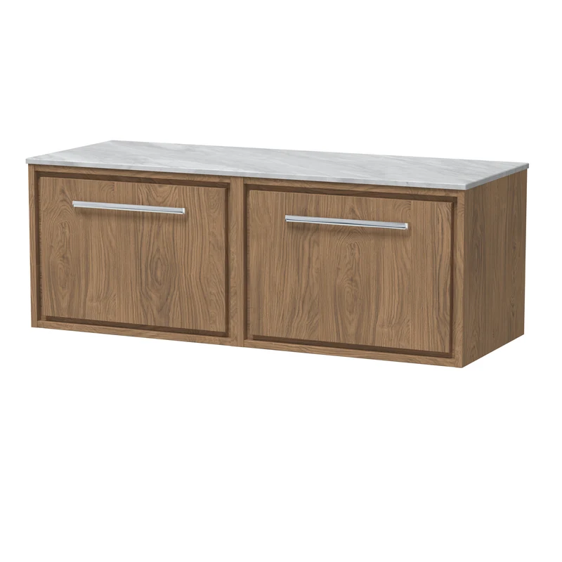 Lille 1200mm Wall Hung 2 Drawer Vanity Unit & Grey Marble Worktop - Antique Oak Woodgrain