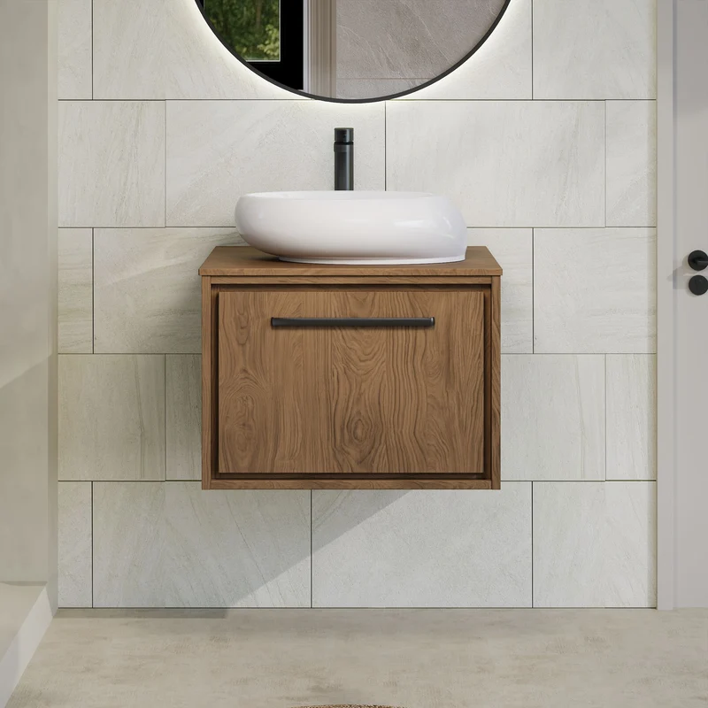 Lille 600mm Wall Hung 1 Drawer Vanity Unit & Worktop - Antique Oak Woodgrain