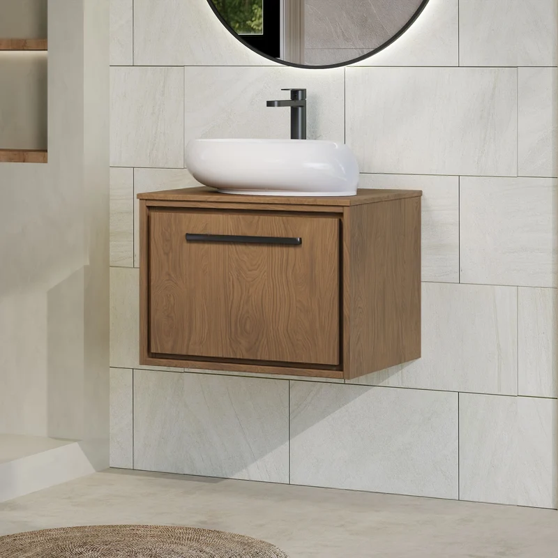 Lille 600mm Wall Hung 1 Drawer Vanity Unit & Worktop - Antique Oak Woodgrain