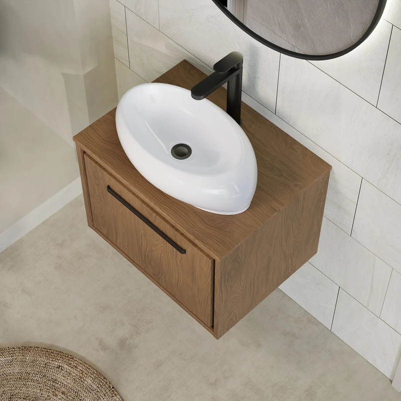 Lille 600mm Wall Hung 1 Drawer Vanity Unit & Worktop - Antique Oak Woodgrain