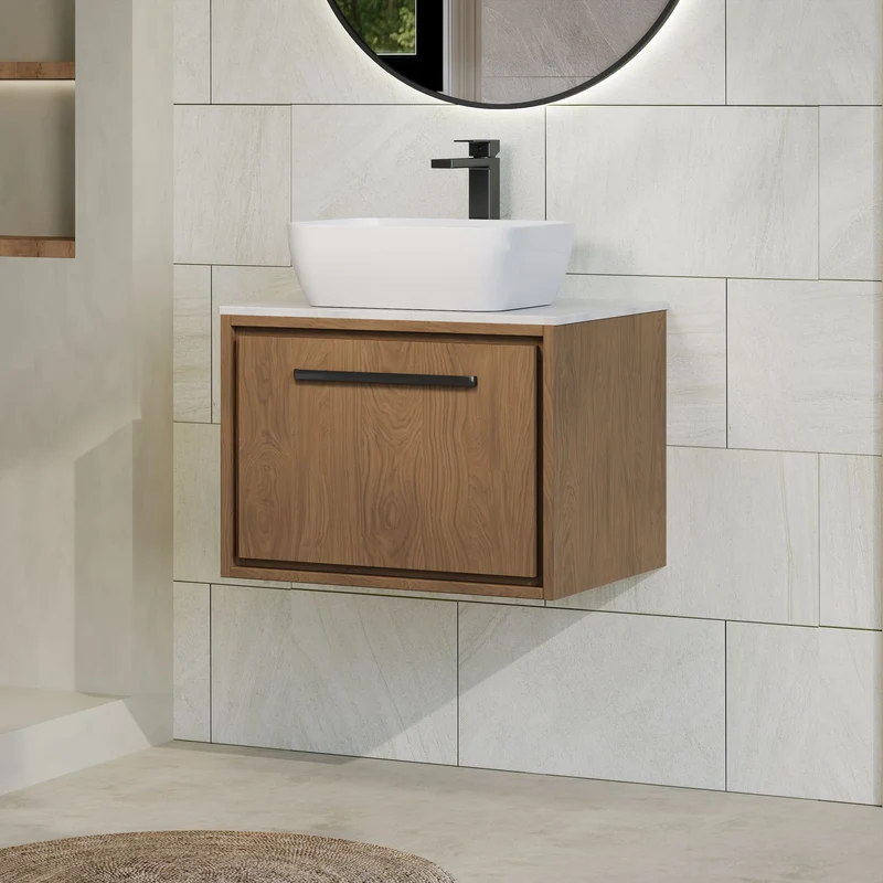 Lille 600mm Wall Hung 1 Drawer Vanity Unit & White Marble Worktop - Antique Oak Woodgrain