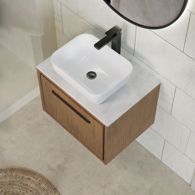 Lille 600mm Wall Hung 1 Drawer Vanity Unit & White Marble Worktop - Antique Oak Woodgrain