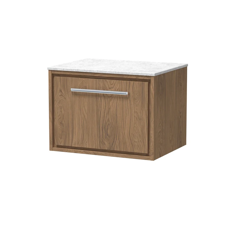 Lille 600mm Wall Hung 1 Drawer Vanity Unit & White Marble Worktop - Antique Oak Woodgrain