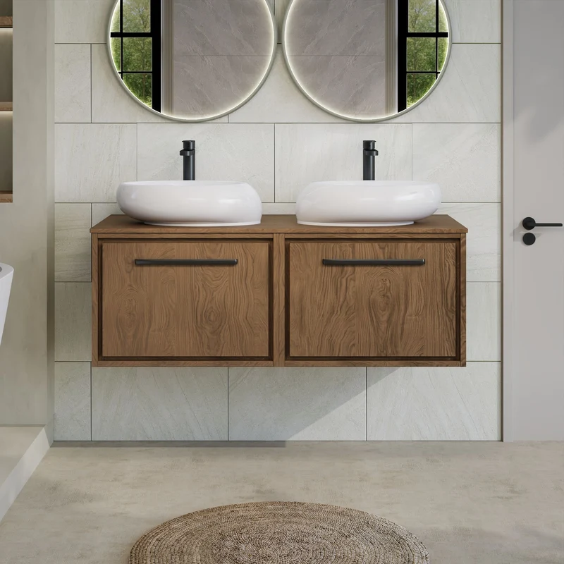 Lille 1200mm Wall Hung 2 Drawer Vanity Unit & Worktop - Antique Oak Woodgrain