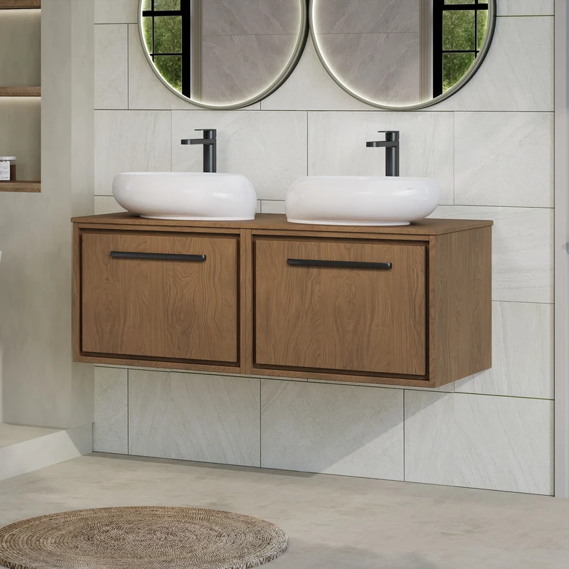 Lille 1200mm Wall Hung 2 Drawer Vanity Unit & Worktop - Antique Oak Woodgrain