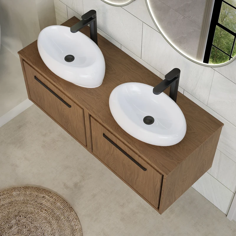 Lille 1200mm Wall Hung 2 Drawer Vanity Unit & Worktop - Antique Oak Woodgrain