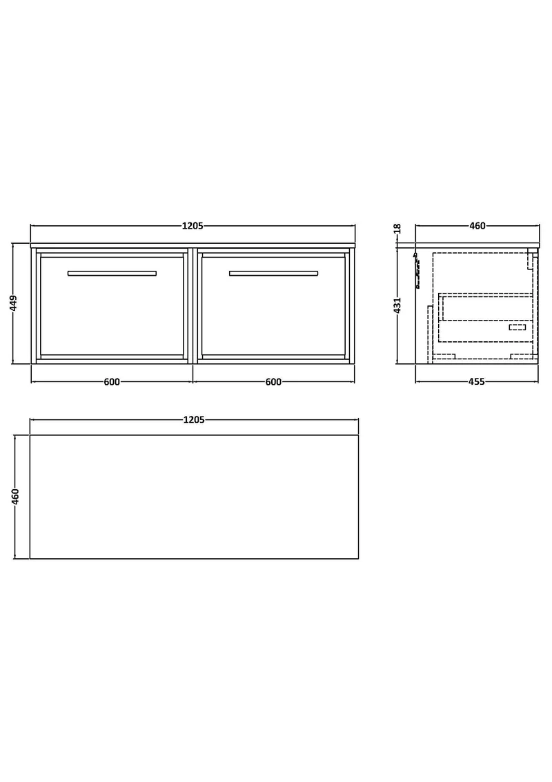 Lille 1200mm Wall Hung 2 Drawer Vanity Unit & Worktop - Antique Oak Woodgrain