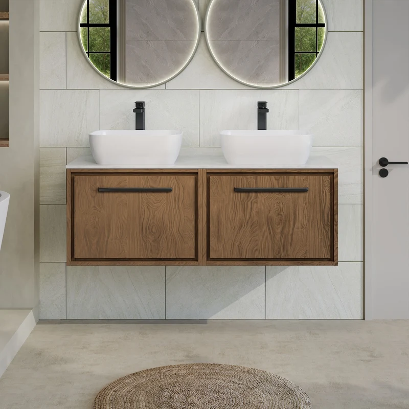 Lille 1200mm Wall Hung 2 Drawer Vanity Unit & White Marble Worktop - Antique Oak Woodgrain