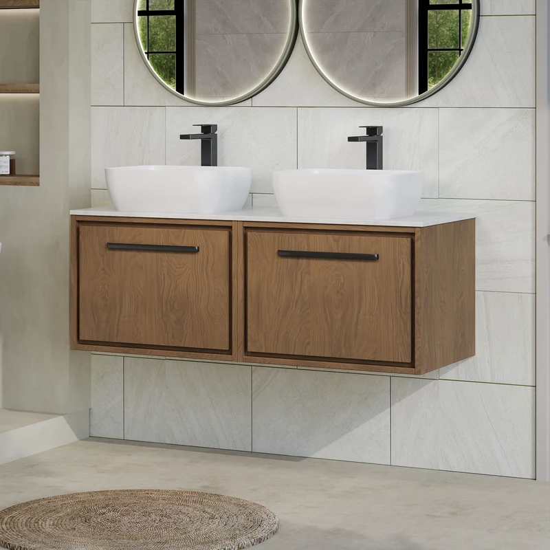 Lille 1200mm Wall Hung 2 Drawer Vanity Unit & White Marble Worktop - Antique Oak Woodgrain