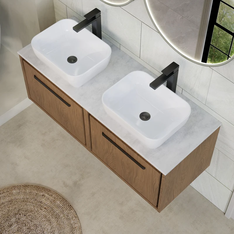 Lille 1200mm Wall Hung 2 Drawer Vanity Unit & White Marble Worktop - Antique Oak Woodgrain