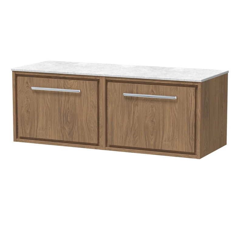 Lille 1200mm Wall Hung 2 Drawer Vanity Unit & White Marble Worktop - Antique Oak Woodgrain