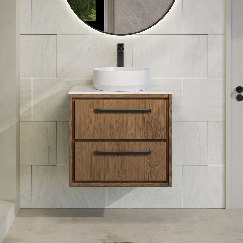 Lille 600mm Wall Hung 2 Drawer Vanity Unit & Carrera Marble Worktop - Antique Oak Woodgrain