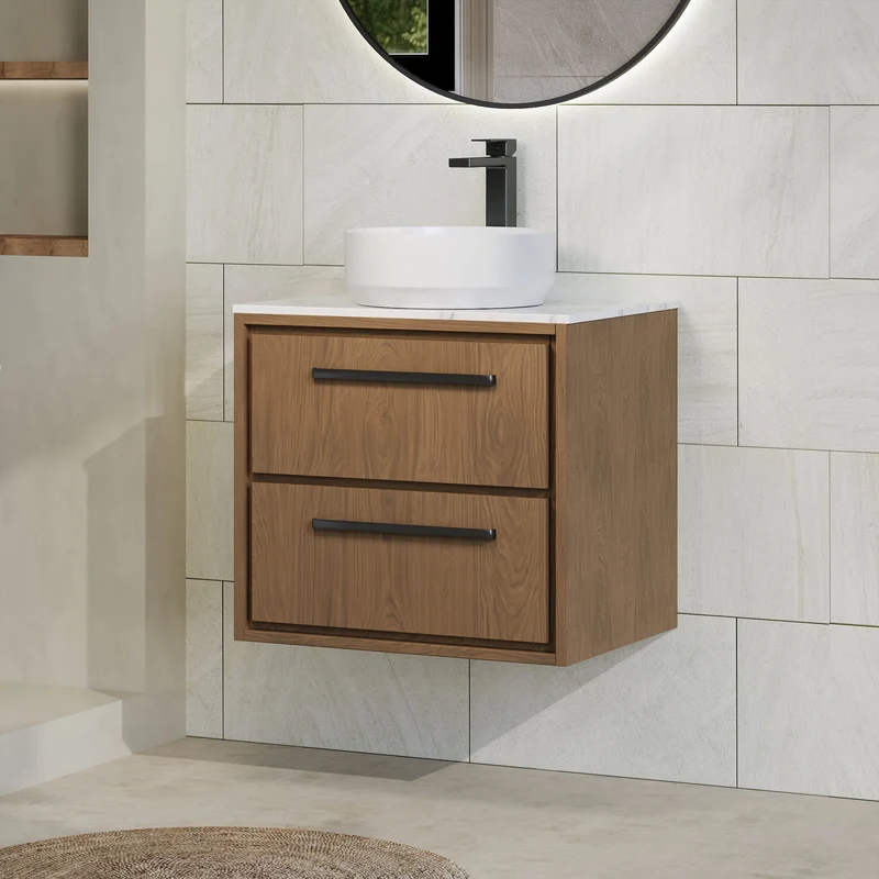 Lille 600mm Wall Hung 2 Drawer Vanity Unit & Carrera Marble Worktop - Antique Oak Woodgrain